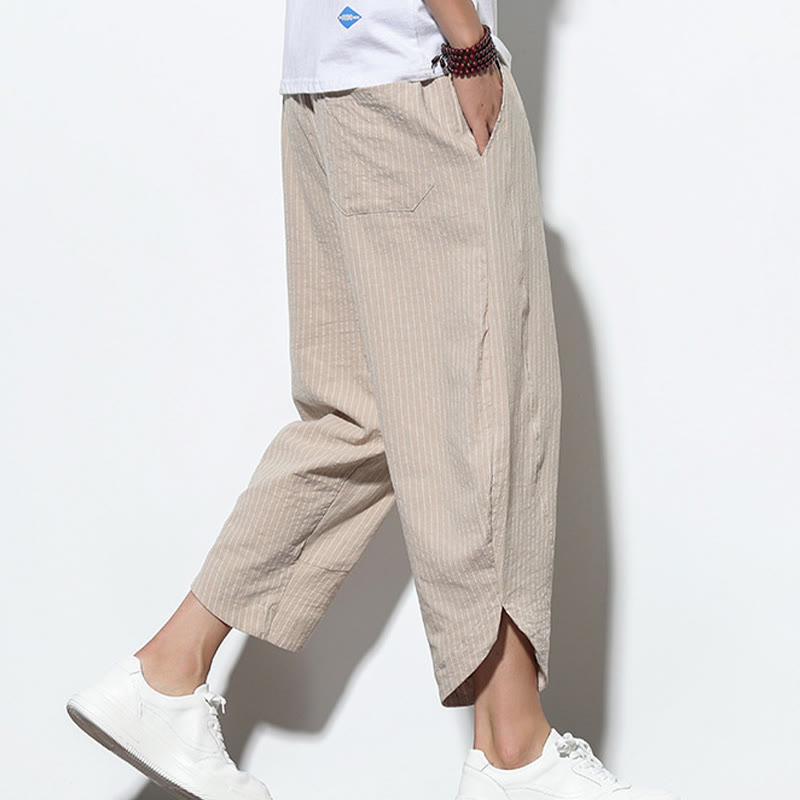 Buddha Stones Summer Stripes Pattern Drawstring Cotton Linen Men's 7-8 Length Harem Pants With Pockets - image 2