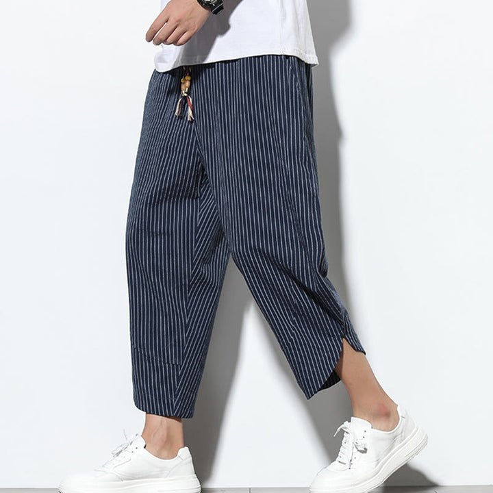 Buddha Stones Summer Stripes Pattern Drawstring Cotton Linen Men's 7-8 Length Harem Pants With Pockets