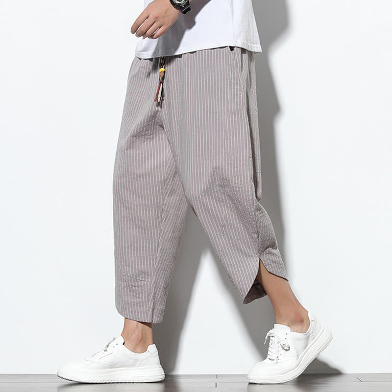 Buddha Stones Summer Stripes Pattern Drawstring Cotton Linen Men's 7-8 Length Harem Pants With Pockets - DarkGray - US/UK/AU46，EU56 (5XL) - image 22