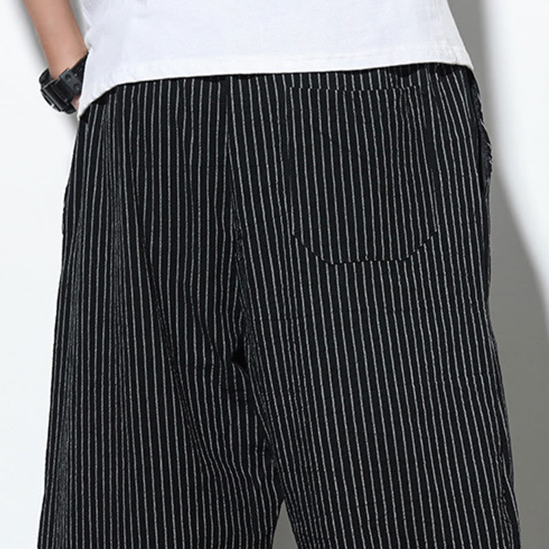Buddha Stones Summer Stripes Pattern Drawstring Cotton Linen Men's 7-8 Length Harem Pants With Pockets - image 19