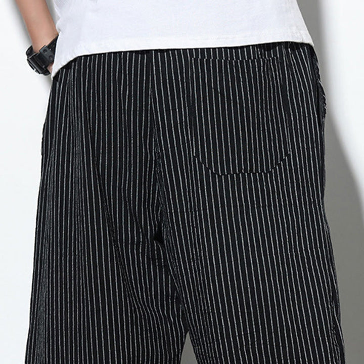 Buddha Stones Summer Stripes Pattern Drawstring Cotton Linen Men's 7-8 Length Harem Pants With Pockets