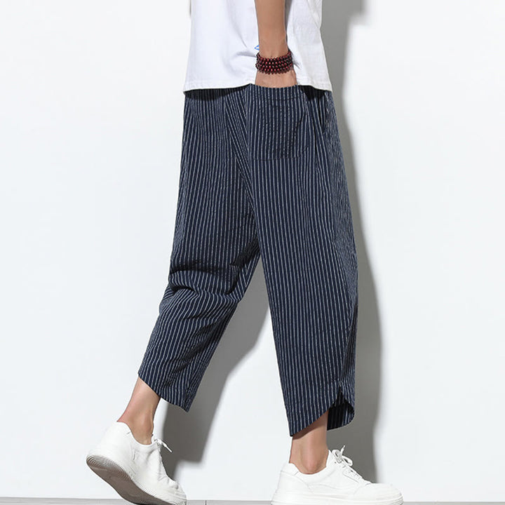 Buddha Stones Summer Stripes Pattern Drawstring Cotton Linen Men's 7-8 Length Harem Pants With Pockets - image 37