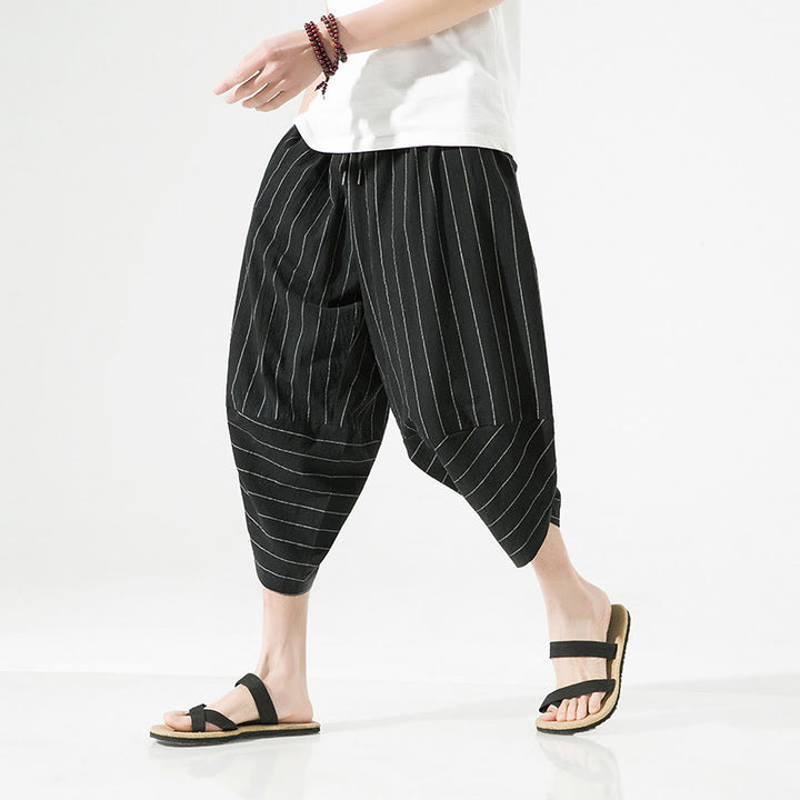 Buddha Stones Casual Plain Stripes Pattern Drawstring Men's 7-8 Length Cotton Linen Harem Pants With Pockets