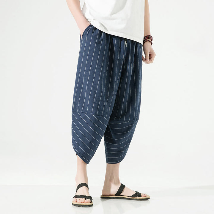 Buddha Stones Casual Plain Stripes Pattern Drawstring Men's 7-8 Length Cotton Linen Harem Pants With Pockets