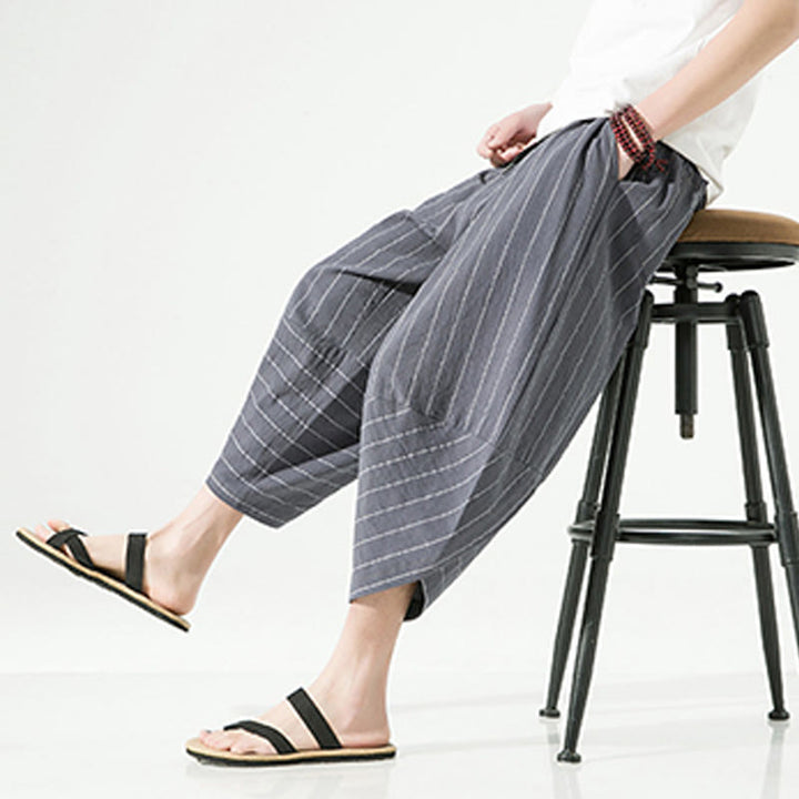 Buddha Stones Casual Plain Stripes Pattern Drawstring Men's 7-8 Length Cotton Linen Harem Pants With Pockets