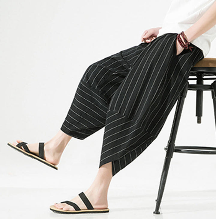 Buddha Stones Casual Plain Stripes Pattern Drawstring Men's 7-8 Length Cotton Linen Harem Pants With Pockets - image 5