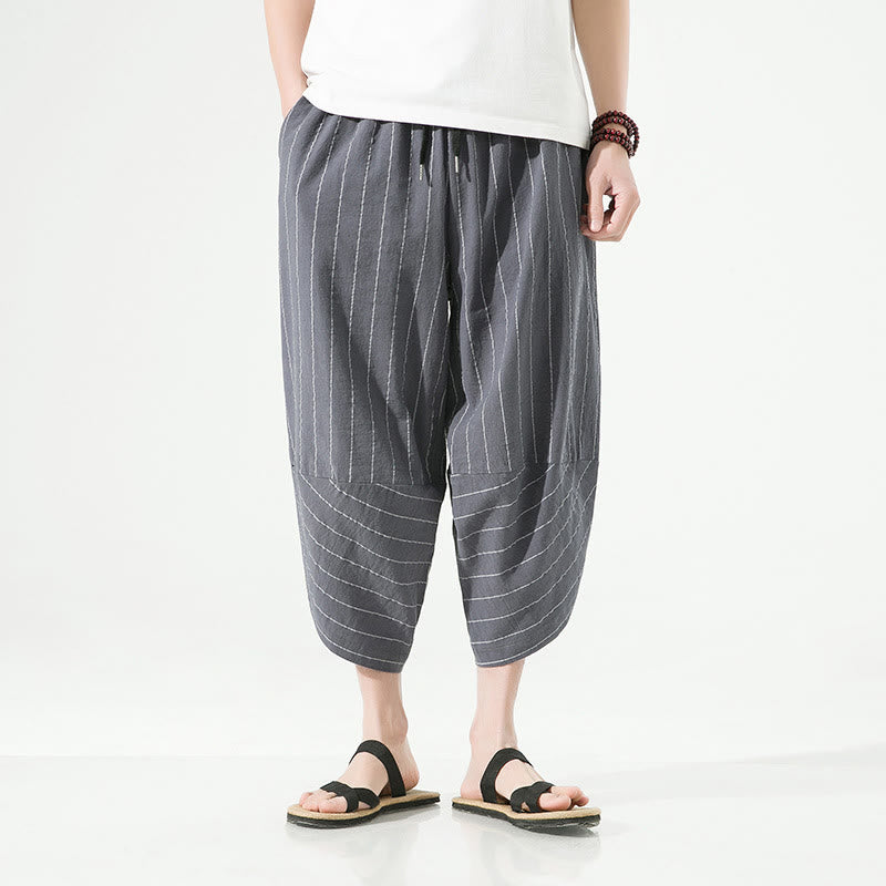 Buddha Stones Casual Plain Stripes Pattern Drawstring Men's 7-8 Length Cotton Linen Harem Pants With Pockets