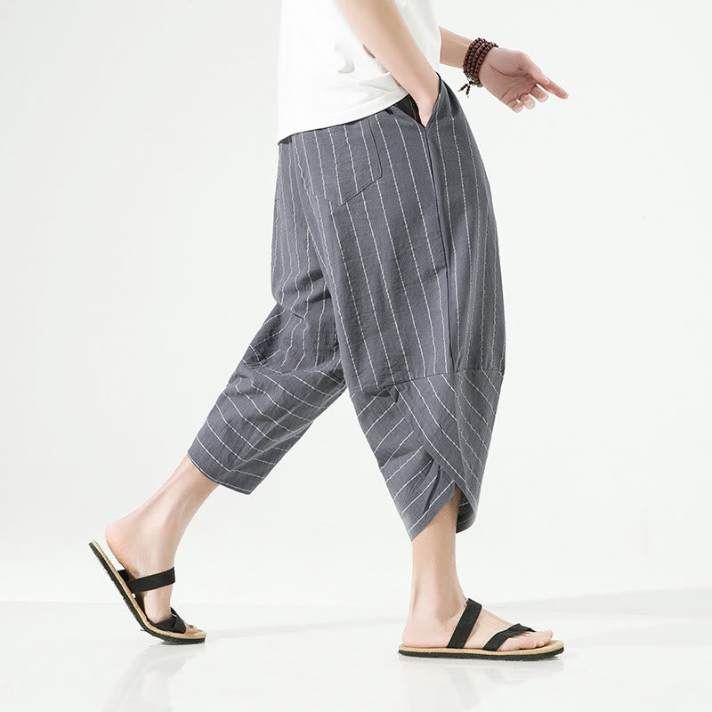 Buddha Stones Casual Plain Stripes Pattern Drawstring Men's 7-8 Length Cotton Linen Harem Pants With Pockets - image 11