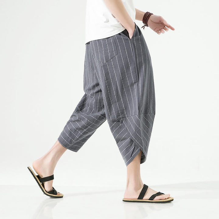Buddha Stones Casual Plain Stripes Pattern Drawstring Men's 7-8 Length Cotton Linen Harem Pants With Pockets - image 11