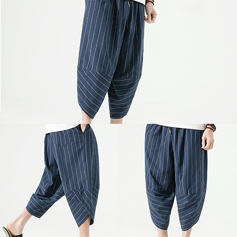 Buddha Stones Casual Plain Stripes Pattern Drawstring Men's 7-8 Length Cotton Linen Harem Pants With Pockets