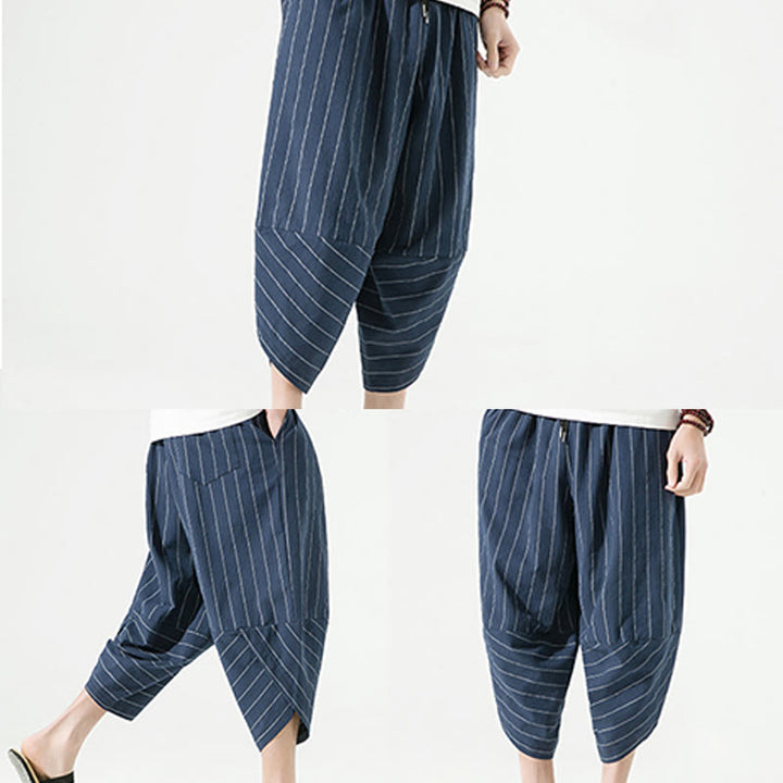 Buddha Stones Casual Plain Stripes Pattern Drawstring Men's 7-8 Length Cotton Linen Harem Pants With Pockets