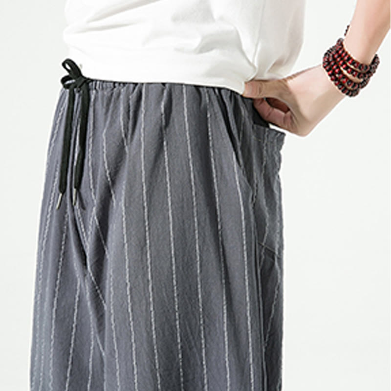 Buddha Stones Casual Plain Stripes Pattern Drawstring Men's 7-8 Length Cotton Linen Harem Pants With Pockets - image 15