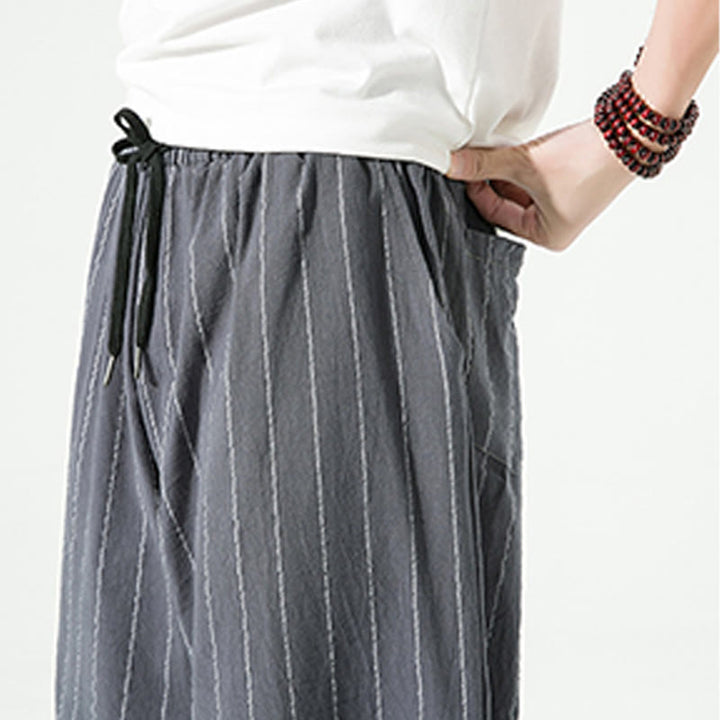 Buddha Stones Casual Plain Stripes Pattern Drawstring Men's 7-8 Length Cotton Linen Harem Pants With Pockets