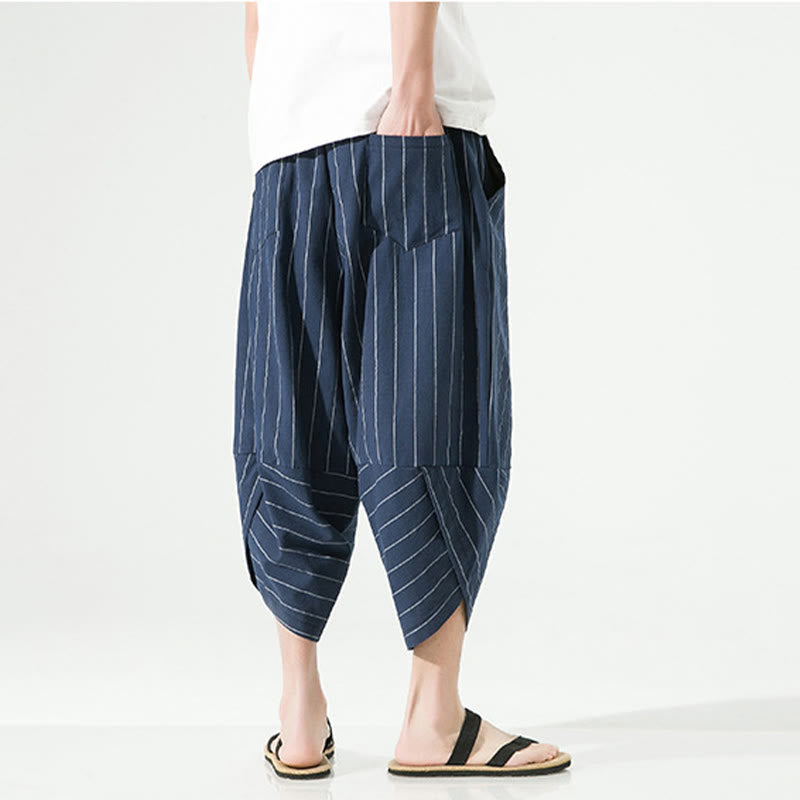 Buddha Stones Casual Plain Stripes Pattern Drawstring Men's 7-8 Length Cotton Linen Harem Pants With Pockets - image 24
