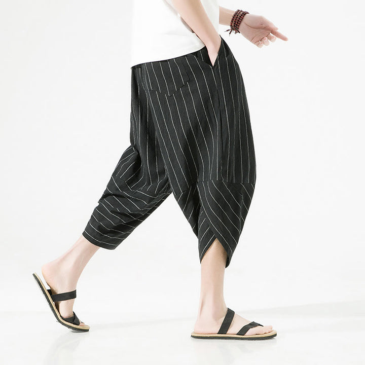 Buddha Stones Casual Plain Stripes Pattern Drawstring Men's 7-8 Length Cotton Linen Harem Pants With Pockets