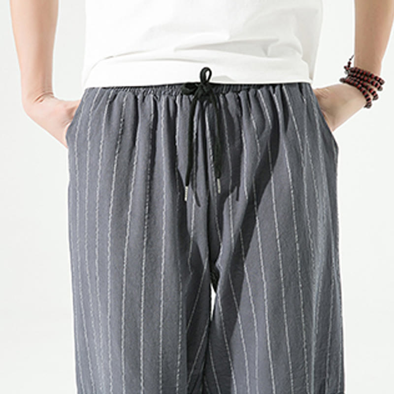 Buddha Stones Casual Plain Stripes Pattern Drawstring Men's 7-8 Length Cotton Linen Harem Pants With Pockets