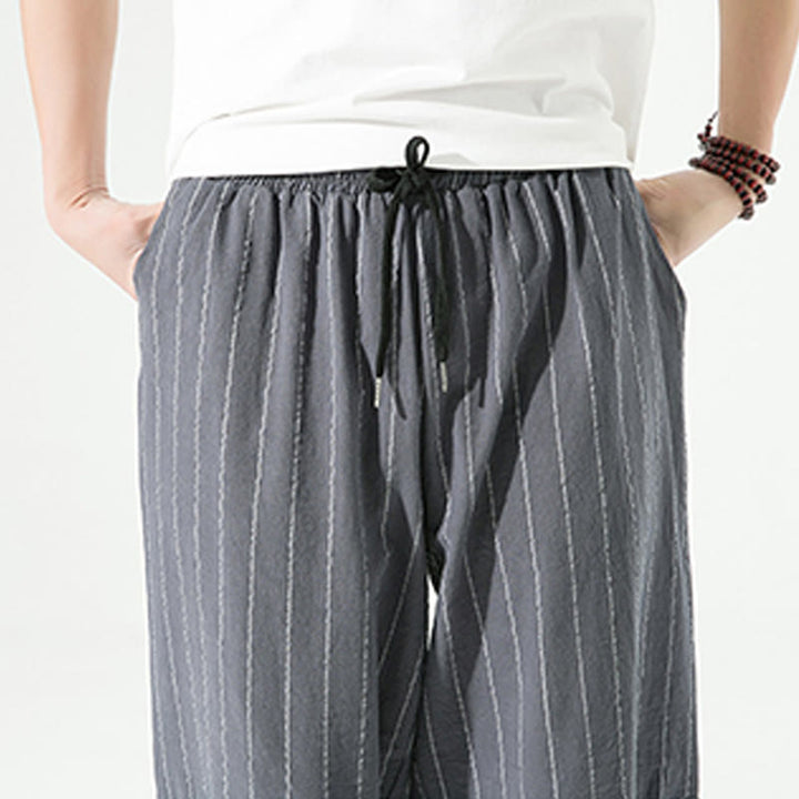 Buddha Stones Casual Plain Stripes Pattern Drawstring Men's 7-8 Length Cotton Linen Harem Pants With Pockets