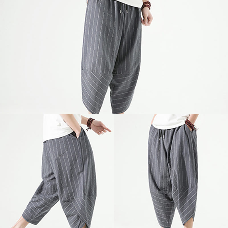 Buddha Stones Casual Plain Stripes Pattern Drawstring Men's 7-8 Length Cotton Linen Harem Pants With Pockets