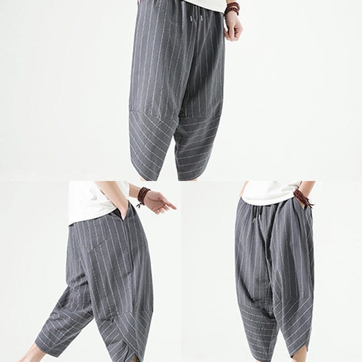 Buddha Stones Casual Plain Stripes Pattern Drawstring Men's 7-8 Length Cotton Linen Harem Pants With Pockets