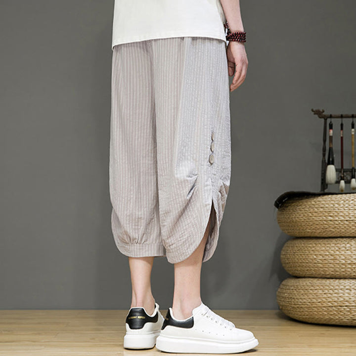 Buddha Stones Casual White Stripes Pattern Drawstring Button Design Men's Cotton Cropped Harem Pants With Pockets