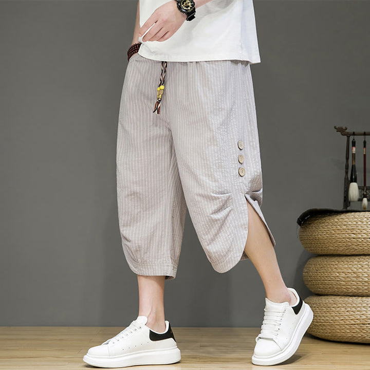 Buddha Stones Casual White Stripes Pattern Drawstring Button Design Men's Cotton Cropped Harem Pants With Pockets