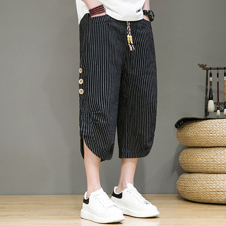 Buddha Stones Casual White Stripes Pattern Drawstring Button Design Men's Cotton Cropped Harem Pants With Pockets