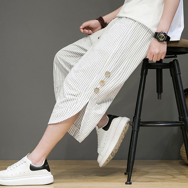 Buddha Stones Casual White Stripes Pattern Drawstring Button Design Men's Cotton Cropped Harem Pants With Pockets