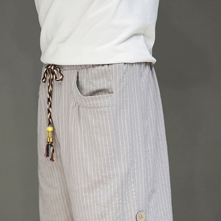 Buddha Stones Casual White Stripes Pattern Drawstring Button Design Men's Cotton Cropped Harem Pants With Pockets