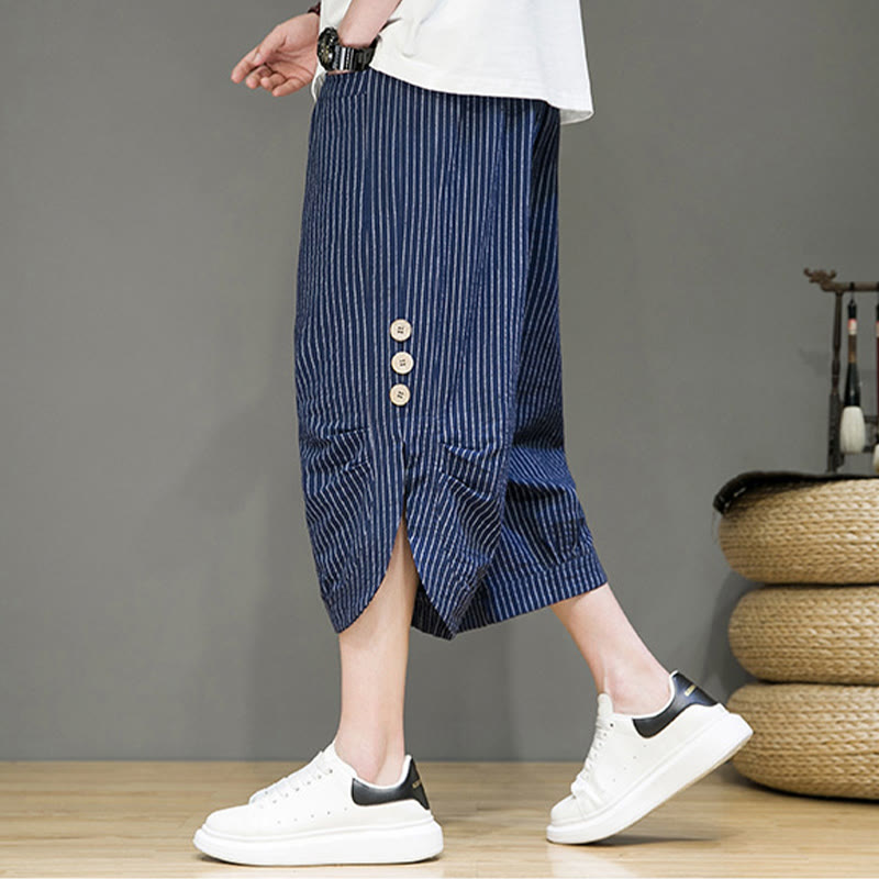 Buddha Stones Casual White Stripes Pattern Drawstring Button Design Men's Cotton Cropped Harem Pants With Pockets