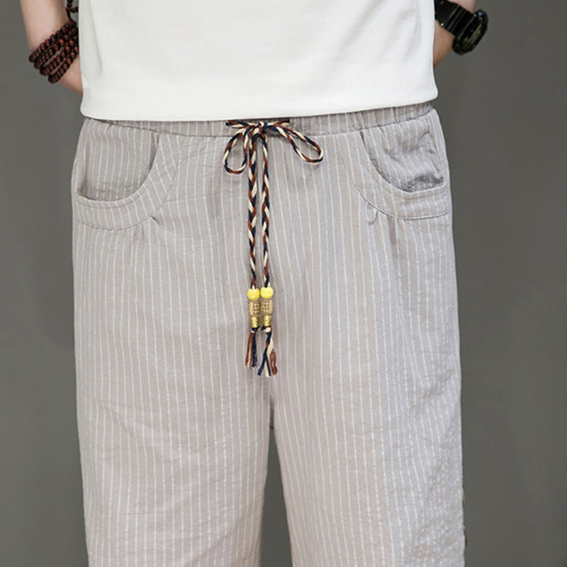 Buddha Stones Casual White Stripes Pattern Drawstring Button Design Men's Cotton Cropped Harem Pants With Pockets