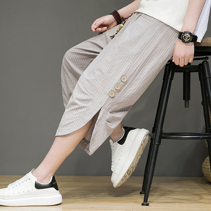 Buddha Stones Casual White Stripes Pattern Drawstring Button Design Men's Cotton Cropped Harem Pants With Pockets - image 7