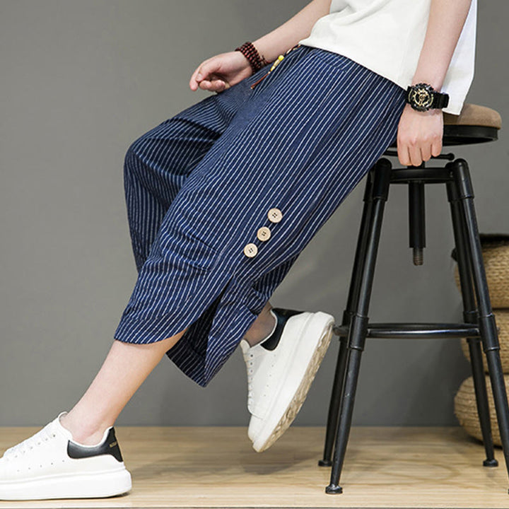 Buddha Stones Casual White Stripes Pattern Drawstring Button Design Men's Cotton Cropped Harem Pants With Pockets