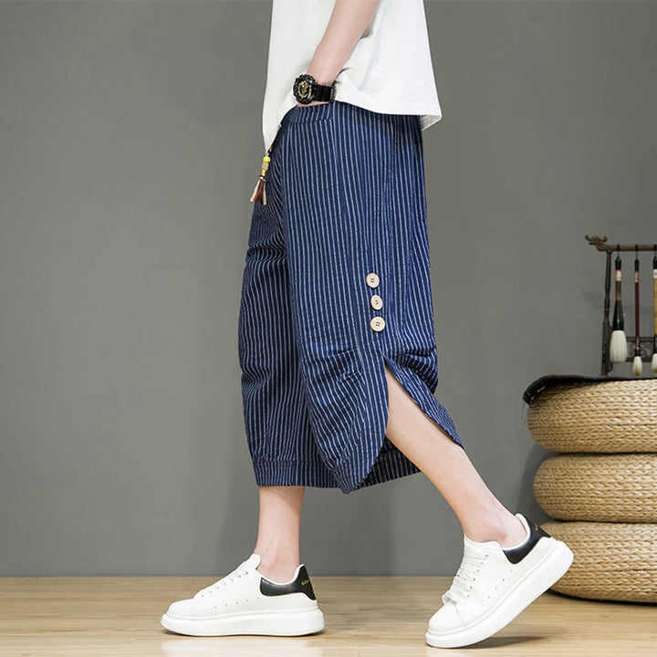 Buddha Stones Casual White Stripes Pattern Drawstring Button Design Men's Cotton Cropped Harem Pants With Pockets - DarkBlue - US/UK/AU46，EU56 (5XL) - image 26