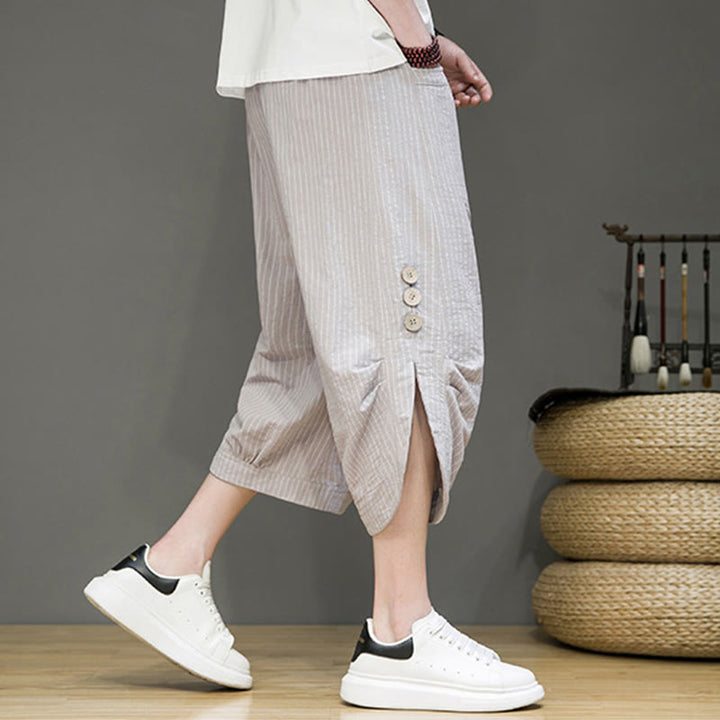 Buddha Stones Casual White Stripes Pattern Drawstring Button Design Men's Cotton Cropped Harem Pants With Pockets