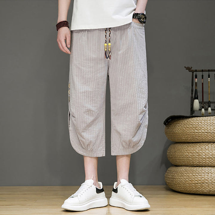 Buddha Stones Casual White Stripes Pattern Drawstring Button Design Men's Cotton Cropped Harem Pants With Pockets