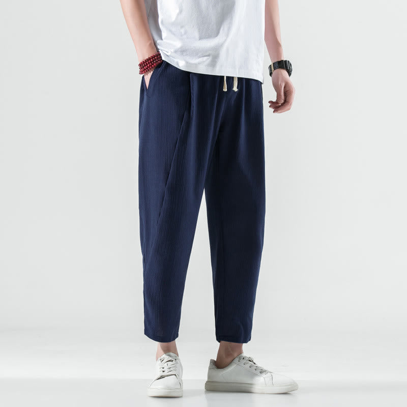 Buddha Stones Casual Plain Pleated Design Drawstring Men's Long Cotton Linen Harem Pants With Pockets
