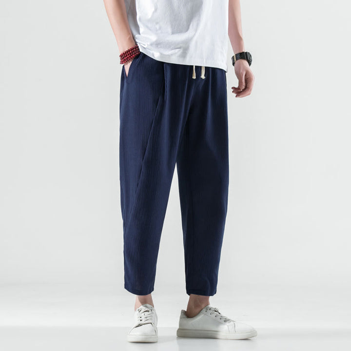 Buddha Stones Casual Plain Pleated Design Drawstring Men's Long Cotton Linen Harem Pants With Pockets