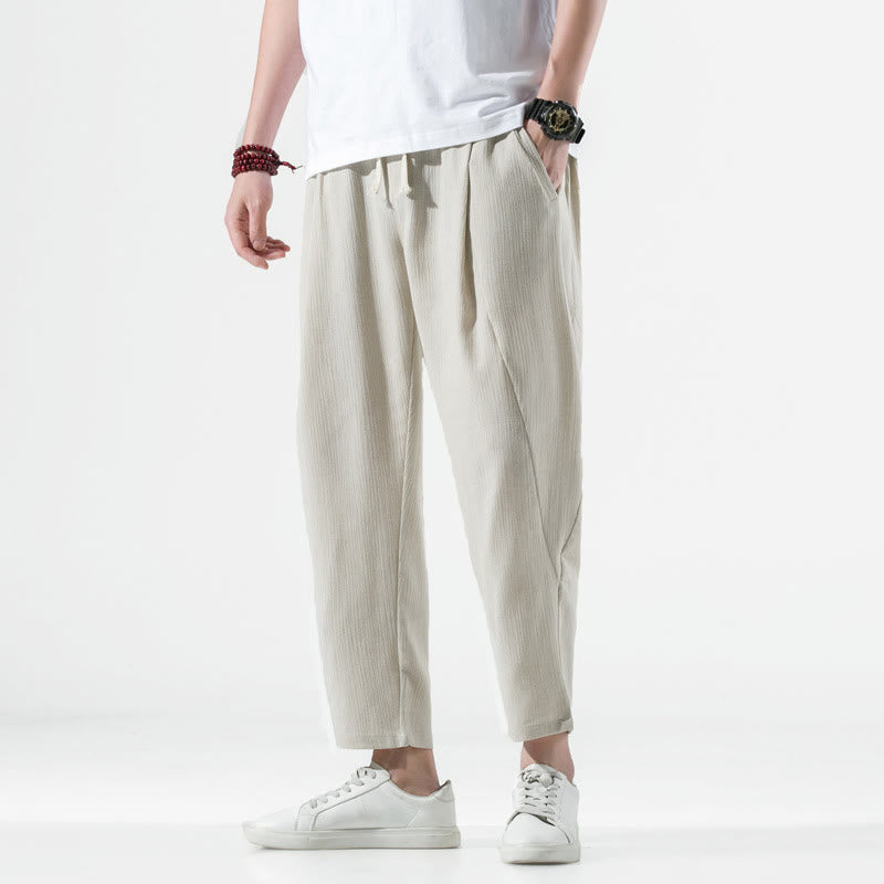 Buddha Stones Casual Plain Pleated Design Drawstring Men's Long Cotton Linen Harem Pants With Pockets