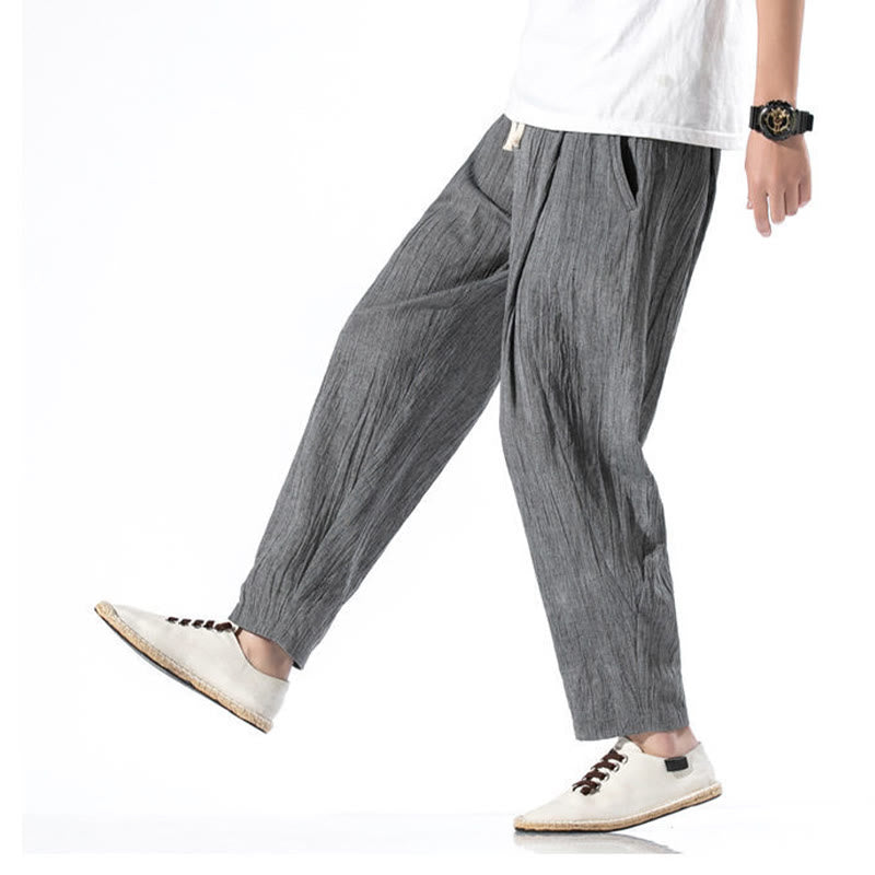 Buddha Stones Casual Plain Pleated Design Drawstring Men's Long Cotton Linen Harem Pants With Pockets - image 10