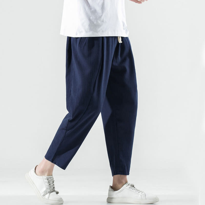 Buddha Stones Casual Plain Pleated Design Drawstring Men's Long Cotton Linen Harem Pants With Pockets