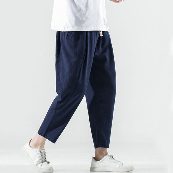 Buddha Stones Casual Plain Pleated Design Drawstring Men's Long Cotton Linen Harem Pants With Pockets