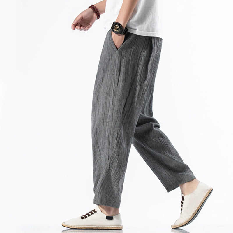 Buddha Stones Casual Plain Pleated Design Drawstring Men's Long Cotton Linen Harem Pants With Pockets