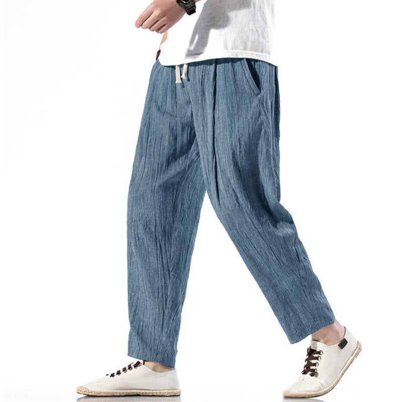 Buddha Stones Casual Plain Pleated Design Drawstring Men's Long Cotton Linen Harem Pants With Pockets - image 35