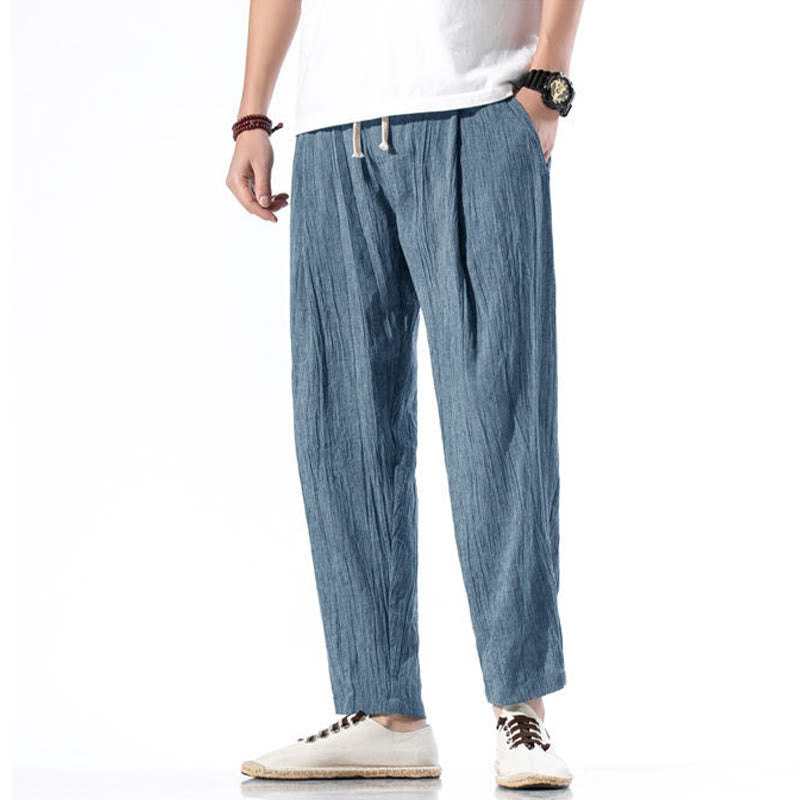Buddha Stones Casual Plain Pleated Design Drawstring Men's Long Cotton Linen Harem Pants With Pockets - image 32