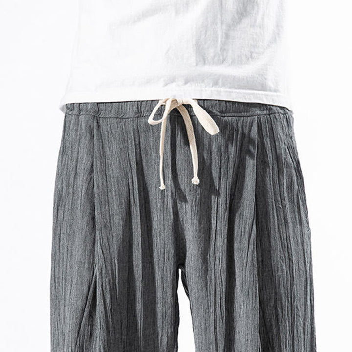 Buddha Stones Casual Plain Pleated Design Drawstring Men's Long Cotton Linen Harem Pants With Pockets