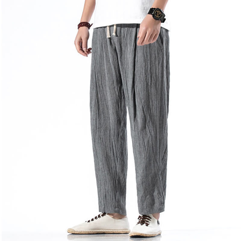 Buddha Stones Casual Plain Pleated Design Drawstring Men's Long Cotton Linen Harem Pants With Pockets - image 7