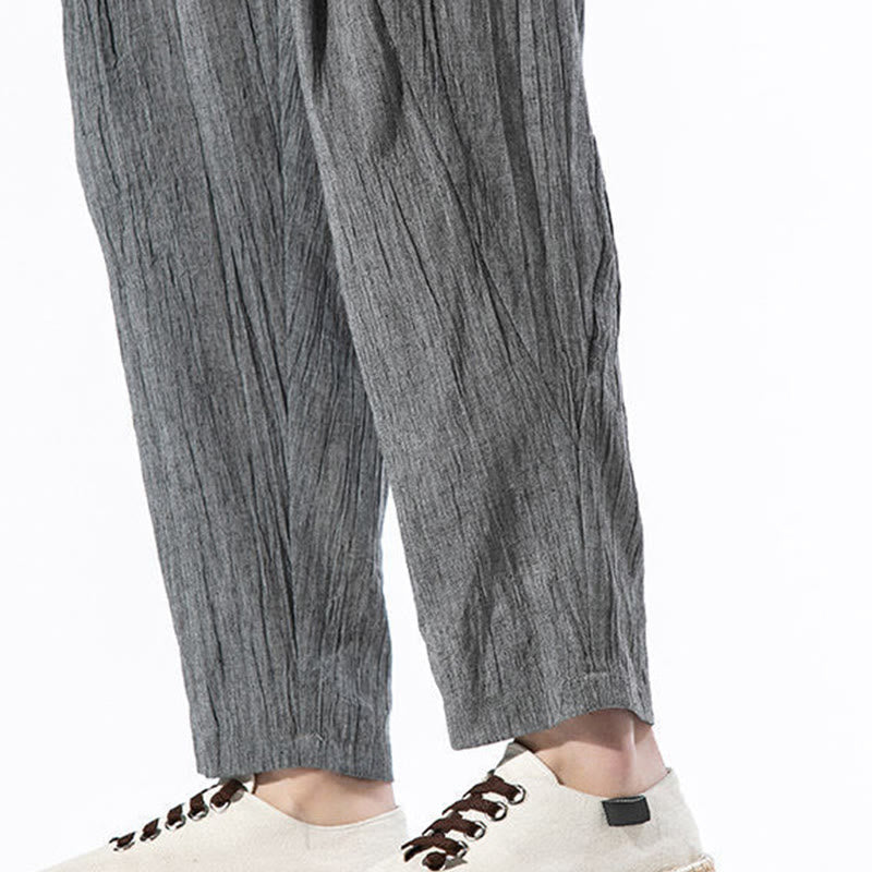Buddha Stones Casual Plain Pleated Design Drawstring Men's Long Cotton Linen Harem Pants With Pockets