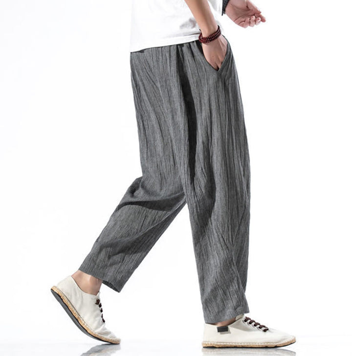 Buddha Stones Casual Plain Pleated Design Drawstring Men's Long Cotton Linen Harem Pants With Pockets