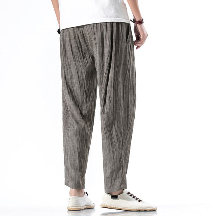 Buddha Stones Casual Plain Pleated Design Drawstring Men's Long Cotton Linen Harem Pants With Pockets