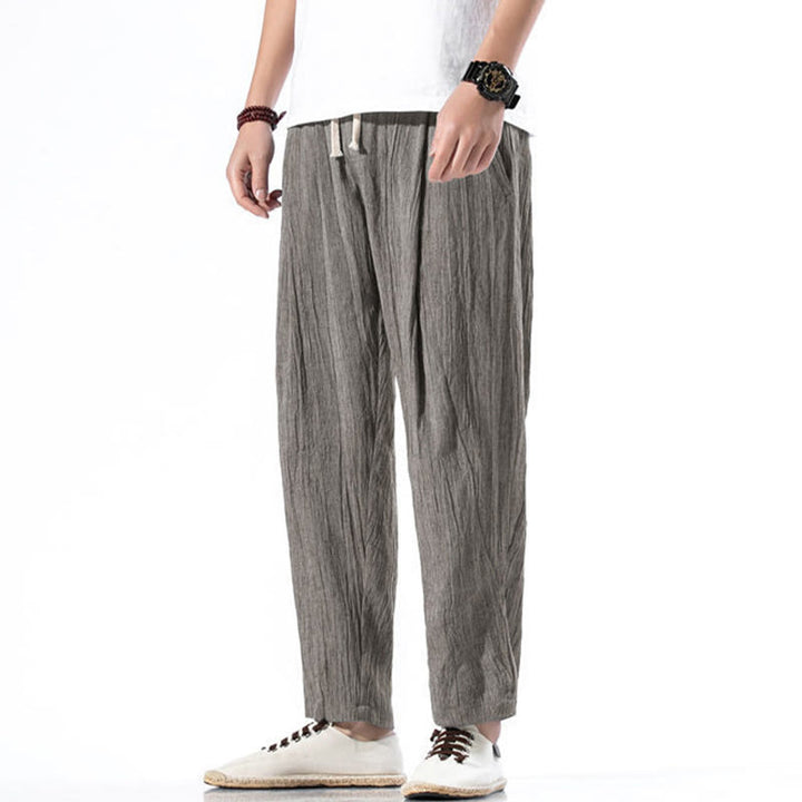 Buddha Stones Casual Plain Pleated Design Drawstring Men's Long Cotton Linen Harem Pants With Pockets